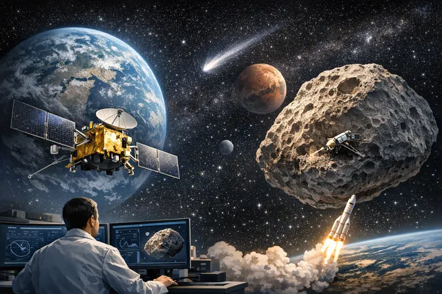 AI-generated concept image of China's Tianwen-2 spacecraft approaching asteroid Kamo'oalewa in deep space
