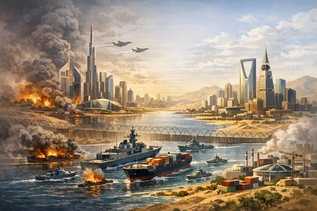 A container ship and oil tanker on divided red and blue seas, symbolizing the diverging economic fortunes of Gulf states during the 2026 Strait of Hormuz crisis