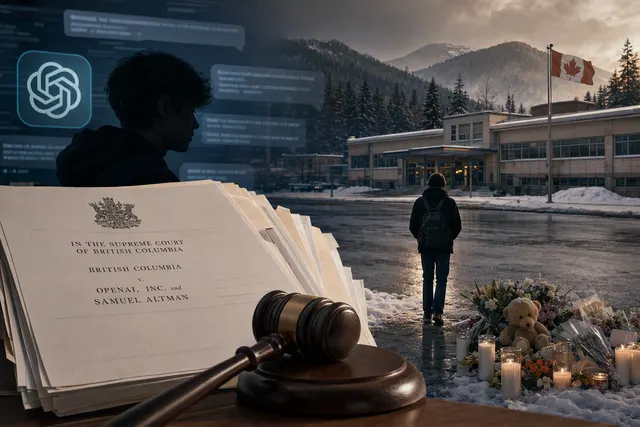 Editorial illustration representing British Columbia’s lawsuit against OpenAI after the Tumbler Ridge shooting