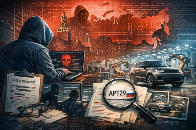 Conceptual image of a Jaguar Land Rover factory with digital overlay representing the 2025 cyberattack that halted production for five weeks