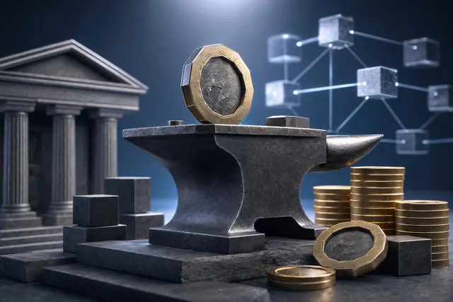 Editorial illustration representing Anvil’s use of crypto collateral for on-chain business commitments