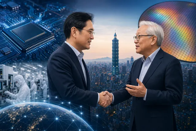 Illustration of Samsung and MediaTek semiconductor collaboration amid global chip competition