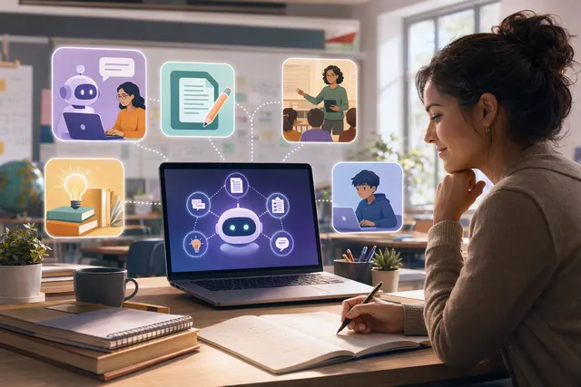 Teacher comparing AI tools for lesson planning, grading, and classroom engagement