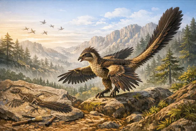 Artistic reconstruction of the newly discovered four-winged dinosaur Jian changmaensis attacking an early bird in a Cretaceous forest.