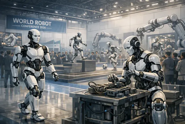 Humanoid robots competing in a Beijing athletics showcase beside a robotics exhibition