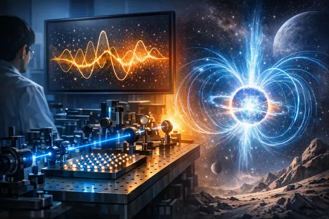 Conceptual illustration of quantum vacuum fluctuations connecting an ultracold atomic field experiment with a magnetar’s polarized X-rays