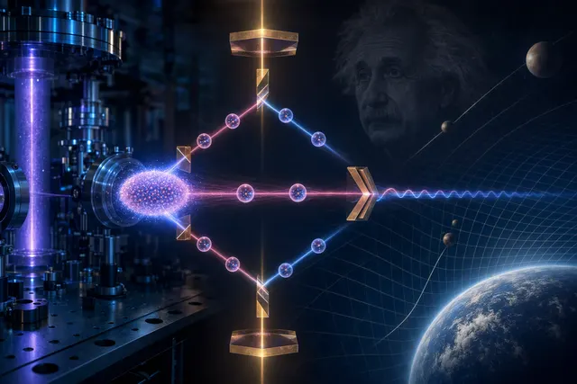 Illustration of an atom interferometer comparing a held atomic wave packet with one in free fall under gravity
