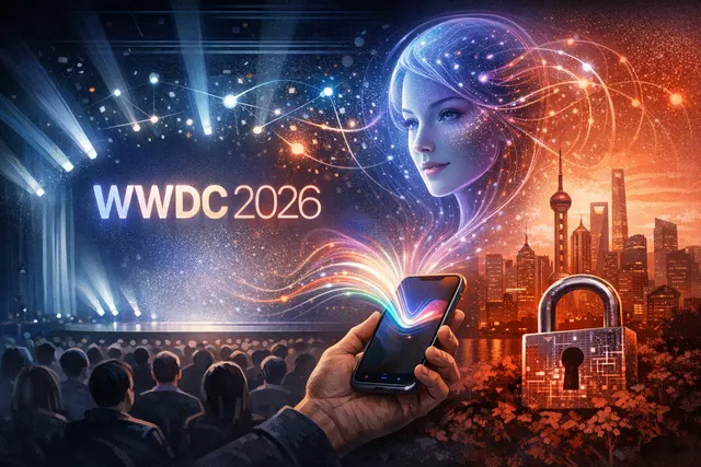 Conceptual rendering of Apple's Siri AI interface on an iPhone with a dynamic island, overlaid with a muted map of China and regulatory symbols to illustrate the geo-blocked AI ass