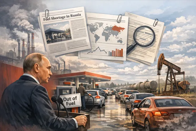 A stylized, dramatic illustration depicting a dark plume of smoke rising from an oil refinery silhouette against a night sky, symbolizing the Russian fuel crisis triggered by drone