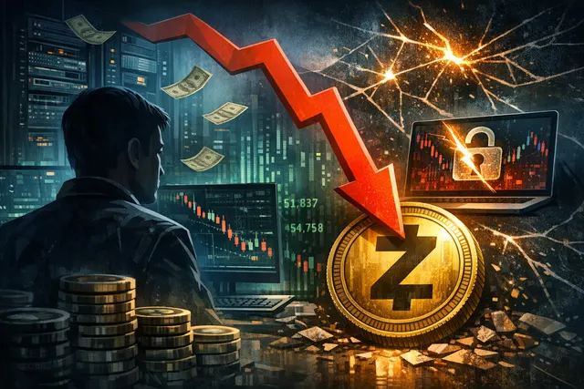 Digital render of a Zcash coin cracking apart, with trading charts in the background