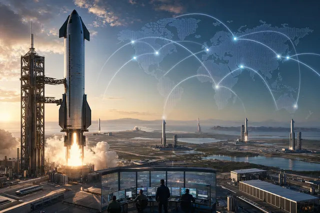 Illustration of SpaceX Starship launch pads, propellant tanks, and coastal spaceport infrastructure