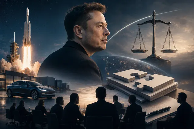 Illustrative visual for reporting on a possible SpaceX–Tesla merger and the approval hurdles it faces
