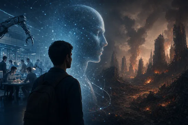 Editorial illustration representing the debate over advanced AI safety and oversight