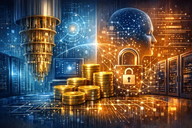 Abstract visualization of IBM’s $15 billion quantum computing and AI security strategy, showing a glowing quantum chip grid beside interconnected secure network nodes.
