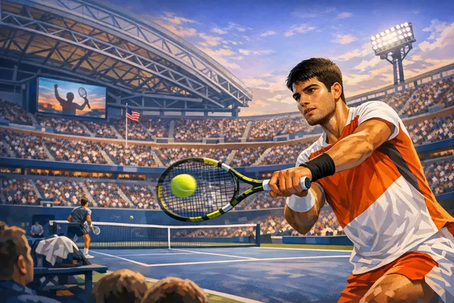 AI-generated editorial illustration of Carlos Alcaraz returning to the 2026 US Open after a wrist-injury layoff