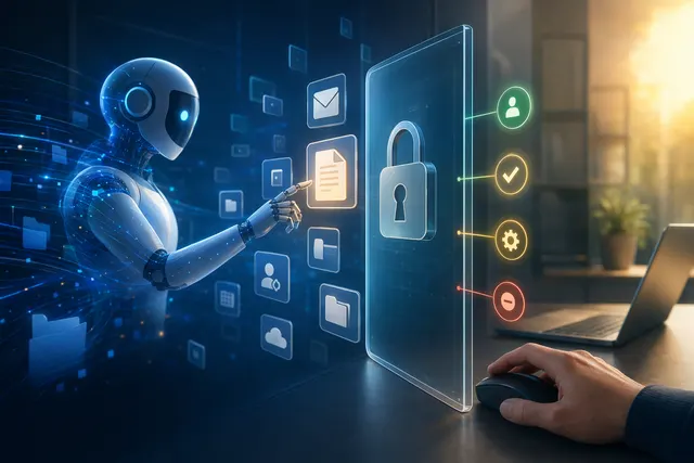 AI agent 權限、資料私隱與電腦控制風險的概念圖