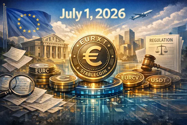 abstract digital euro coin and financial chart representing the launch of Credit Agricole's EURXT euro stablecoin