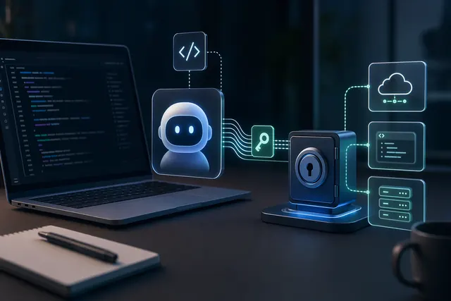 Illustration of an AI coding agent securely accessing credentials through a password manager and mediated tool layer