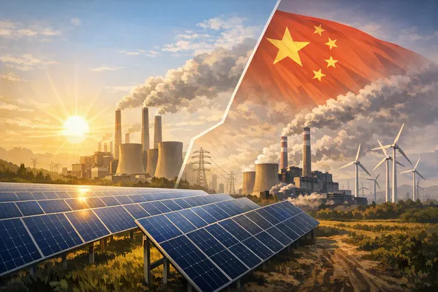Illustration of solar panels and coal power plants representing China’s changing electricity mix
