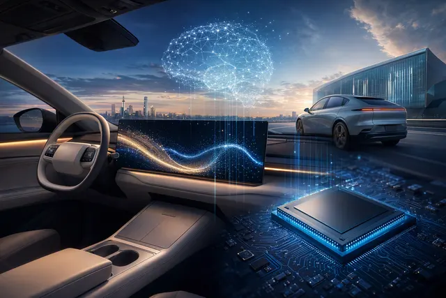 AI-generated editorial illustration representing an AI-powered vehicle cockpit.