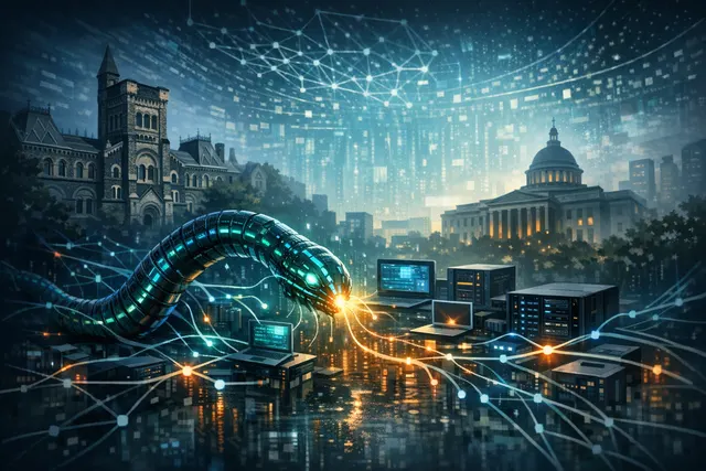 An abstract illustration of a glowing, shape-shifting AI worm spreading through a cybernetic network of connected devices.
