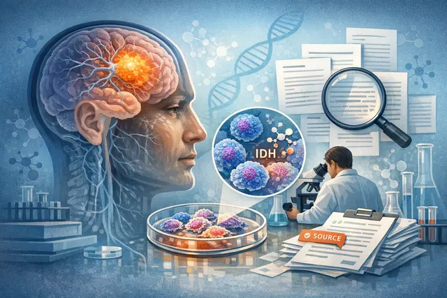 Microscopic view of brain cancer cells with glowing neural connections, representing IDH-mutant glioma progression