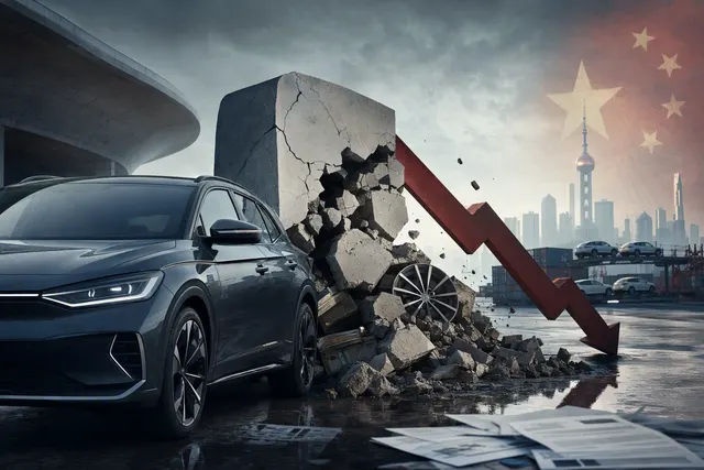 Editorial illustration representing Volkswagen’s €10 billion charge and reduced 2026 operating-margin forecast