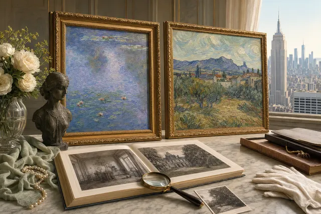 AI-generated editorial illustration for an article about Sotheby’s planned sale of the Blaquier-Arrieta art collection; not a photograph of the paintings