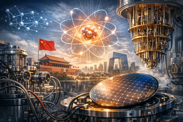 A conceptual image of a glowing silicon-28 atomic structure over a quantum chip circuit, symbolizing China's breakthrough in mass-producing the ultra-pure isotope.