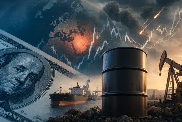 Illustration of the U.S. dollar and Brent oil prices rising together during geopolitical conflict