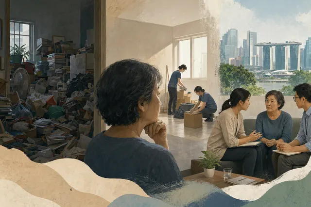 AI-generated editorial illustration about hoarding and community support in Singapore