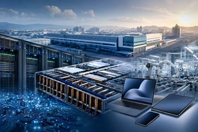Editorial illustration of Foxconn’s AI-server and consumer-electronics manufacturing growth