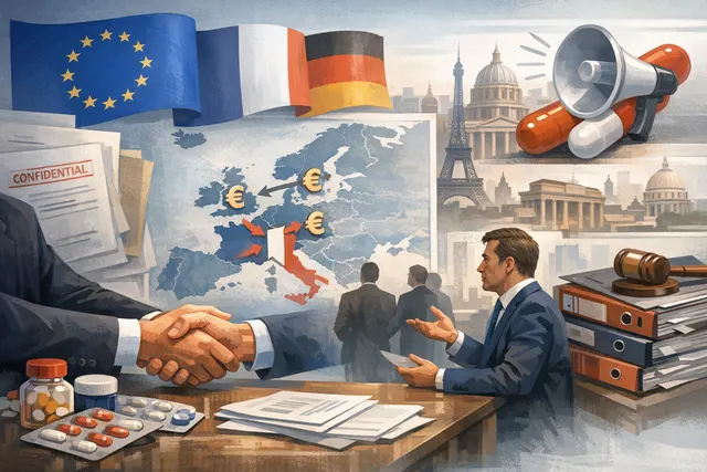 Pharmaceutical factory and medicine bottles representing the global drug pricing standoff between big pharma and European governments