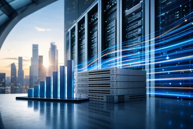 Illustration representing Cisco’s AI data-center networking growth and fiscal 2026 financial performance