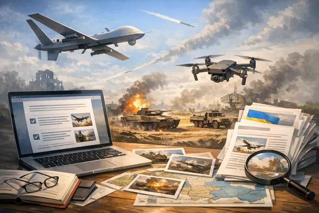 Editorial visualization of Ukraine's drone warfare data, including 800,000 targets struck in 2026 and 90% of strikes from drones