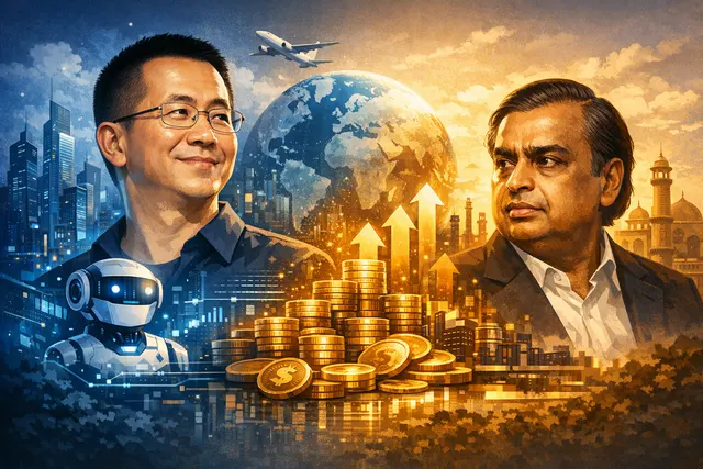 AI-generated editorial illustration depicting the financial rivalry between Chinese tech billionaire Zhang Yiming and Indian industrialist Mukesh Ambani against a backdrop of data