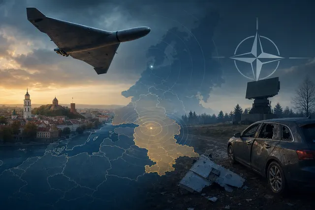 Illustration of a drone crossing the sky above Lithuania as fighter jets respond