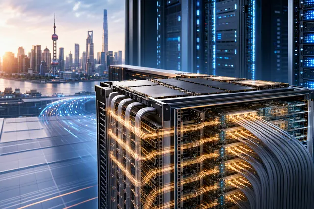 AI-generated editorial illustration accompanying an article about Huawei’s Atlas 960E SuperPoD and optical interconnects