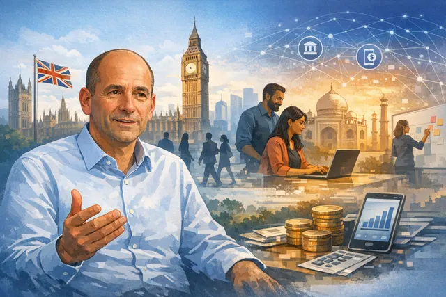 Oliver Prill, CEO of Tide, standing in a modern fintech office with a digital dashboard showing global member growth across UK, India, Germany, and France.