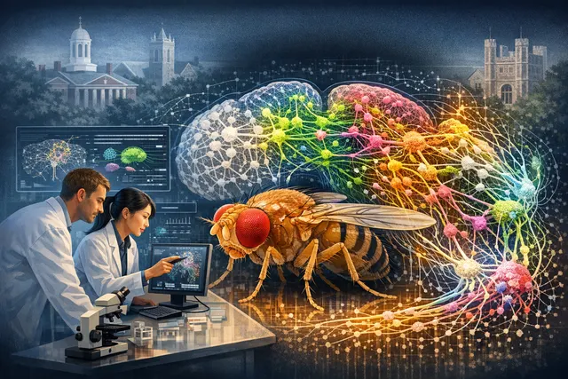 Digital rendering of a fruit fly connectome showing dense neural connections in blue and orange against a dark background