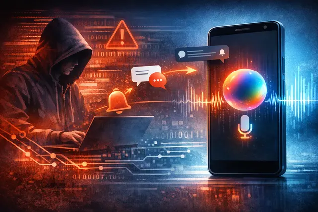 Illustration of a Google Gemini AI assistant being silently hijacked by a WhatsApp notification via a prompt injection attack.