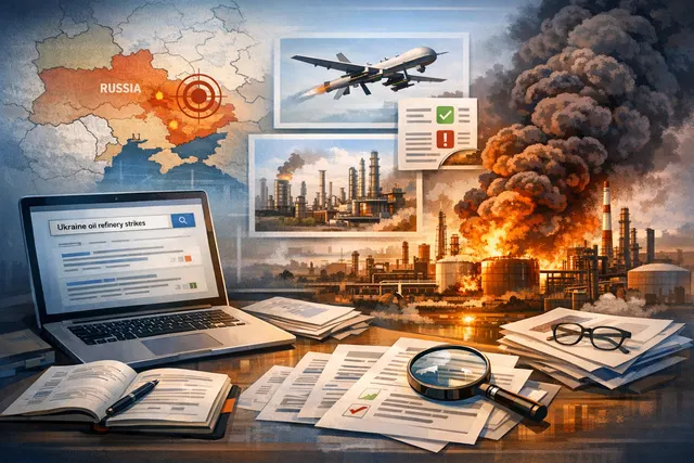 AI-generated illustration of a drone striking an oil refinery at night, symbolizing Ukraine's campaign against Russian energy infrastructure.