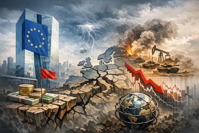 ECB headquarters towers over a fractured map of Europe, with glowing red risk lines radiating from the Strait of Hormuz into bond market and leverage indicators.
