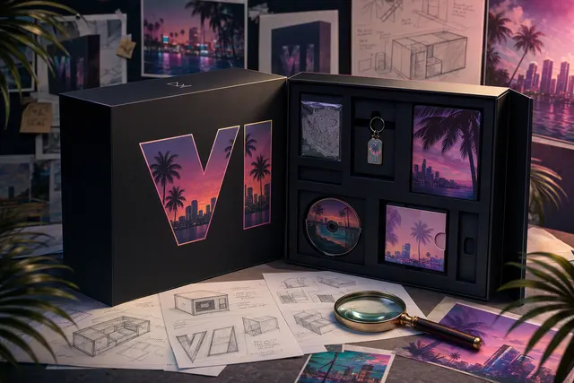 Editorial illustration of an oversized black GTA VI-style collector box with compartments