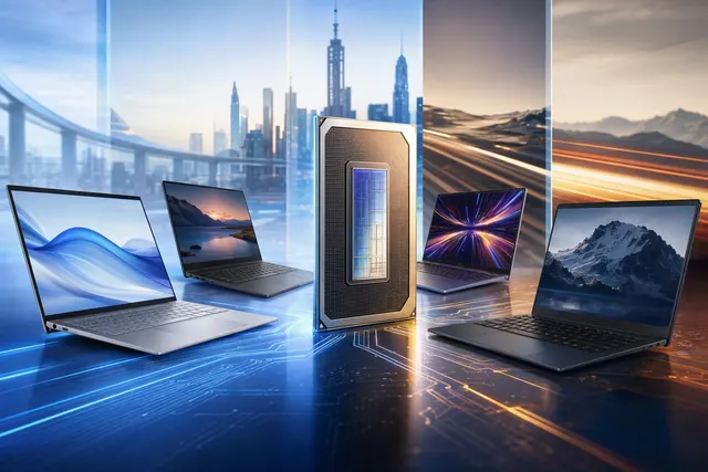 Editorial illustration accompanying a guide to Intel Panther Lake laptops and the Asus Zenbook 14