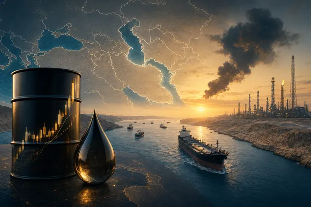 Oil tanker navigating a narrow maritime chokepoint representing the Strait of Hormuz and global oil supply risks