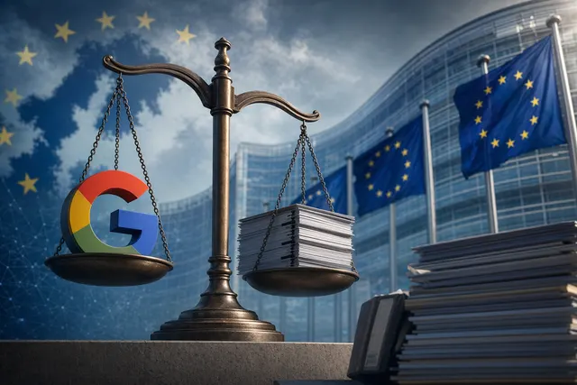 Editorial illustration of EU regulators weighing a Google fine amid digital enforcement pressure