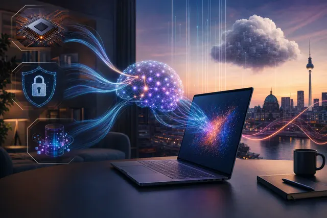 Editorial illustration of AMD’s Personal AI concept, with AI workloads moving from cloud services to local computers