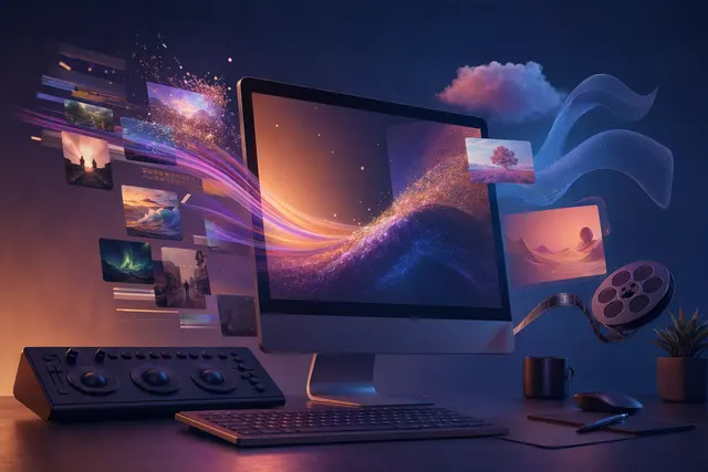 Editorial illustration representing video editing, image creation and AI-assisted creative software