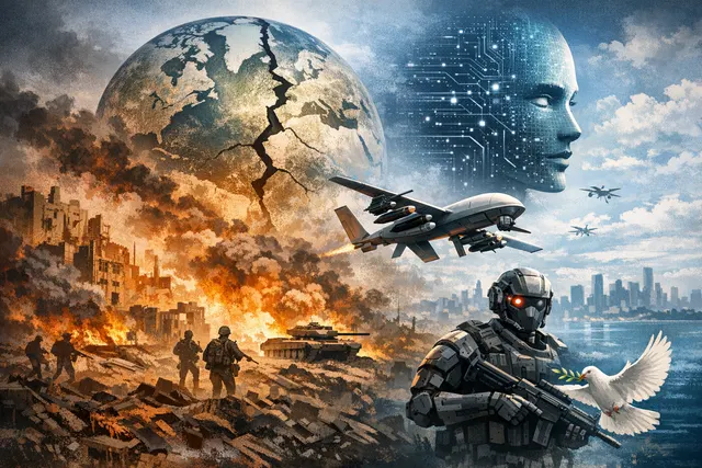 Conceptual image illustrating a fractured world map overlaid with drone silhouettes and a declining graph, representing the 2026 Global Peace Index findings on record conflicts and